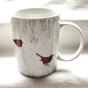 White Ceramic Cup Cardinals and Gold Leaves